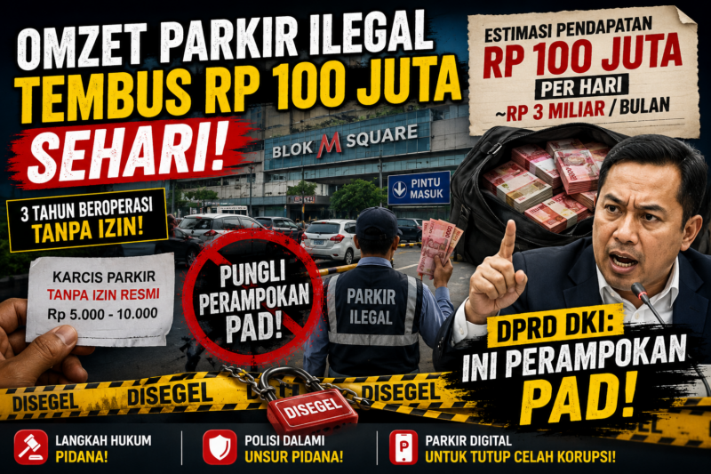 Ilustrasi praktik dugaan parkir ilegal di kawasan Blok M Square yang disebut merugikan PAD DKI Jakarta hingga miliaran rupiah.