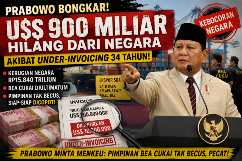 Presiden Prabowo Subianto mengungkap dugaan kebocoran negara akibat praktik under-invoicing selama 34 tahun yang disebut mencapai Rp15.840 triliun.