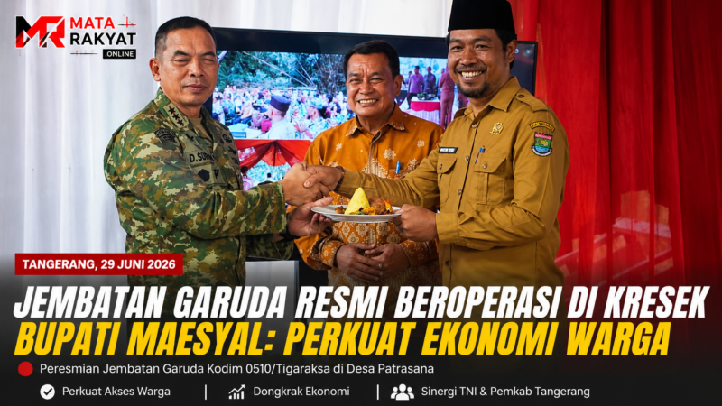 Bupati Tangerang Moch Maesyal Rasyid dan Pangdam Jaya Letjen TNI Deddy Suryadi saat peresmian Jembatan Garuda Kodim 0510/Tigaraksa di Desa Patrasana, Kecamatan Kresek, Kabupaten Tangerang, Senin (29/6/2026). Jembatan tersebut diharapkan memperkuat konektivitas dan mendorong pertumbuhan ekonomi masyarakat.