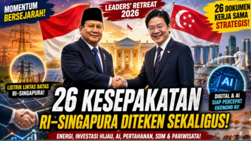 Presiden Prabowo Subianto dan Perdana Menteri Singapura Lawrence Wong menyepakati 26 dokumen kerja sama strategis pada Leaders' Retreat 2026 di Jakarta, mencakup sektor energi, investasi hijau, kecerdasan buatan (AI), pertahanan, hingga pengembangan sumber daya manusia.