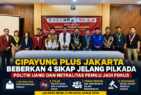Perwakilan organisasi Cipayung Plus DKI Jakarta berfoto bersama usai konferensi pers bertema "Jakarta Menuju Pilkada Damai 2024", Jumat (15/11/2024). Dalam kesempatan tersebut, mereka menyampaikan empat sikap organisasi, di antaranya penolakan terhadap politik uang, dukungan terhadap netralitas penyelenggara pemilu, serta ajakan kepada masyarakat untuk mengawal Pilkada yang jujur, adil, dan berintegritas.