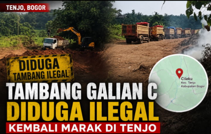 Aktivitas alat berat dan antrean truk pengangkut tanah merah diduga terjadi di lokasi penambangan galian C di Desa Cilaku, Kecamatan Tenjo, Kabupaten Bogor. Dokumentasi: Mata Rakyat Online.