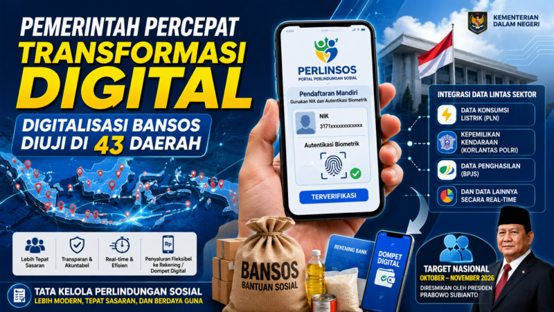 Ilustrasi transformasi digital penyaluran bantuan sosial melalui Portal Perlinsos yang tengah diuji di 43 kabupaten/kota sebagai langkah menuju sistem bansos nasional yang lebih transparan, akurat, dan tepat sasaran.