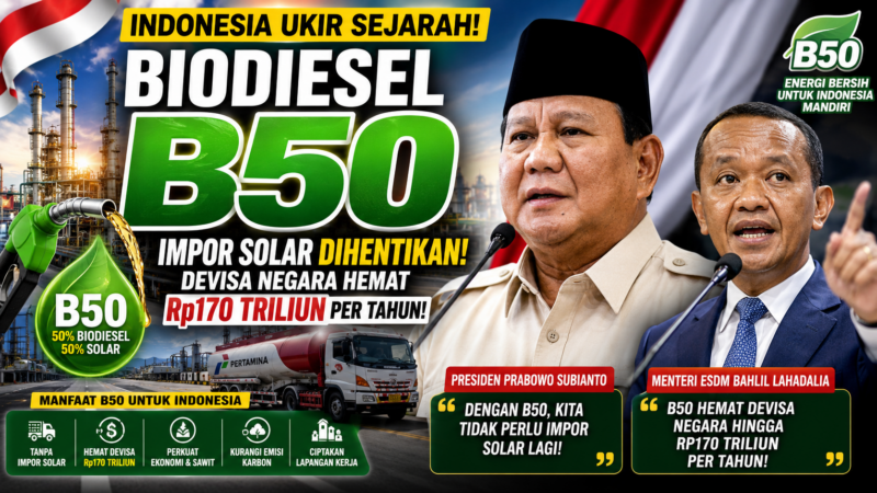 Presiden Prabowo Subianto bersama Menteri ESDM Bahlil Lahadalia meluncurkan program mandatori Biodiesel B50 sebagai langkah menuju kemandirian energi nasional, menghentikan impor solar, dan menghemat devisa hingga Rp170 triliun per tahun.