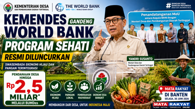 Menteri Desa dan Pembangunan Daerah Tertinggal, Yandri Susanto, saat peluncuran Program Swasembada Ekonomi Hijau dan Pangan Terintegrasi (SEHATI) di Banten. Program hasil kolaborasi Kemendes PDT dan World Bank ini membuka peluang pendanaan hingga Rp2,5 miliar bagi desa melalui BUMDes berdasarkan proposal yang memenuhi persyaratan.