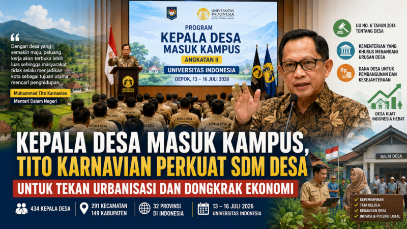 Menteri Dalam Negeri Muhammad Tito Karnavian membuka Program Kepala Desa Masuk Kampus Angkatan II di Universitas Indonesia sebagai upaya meningkatkan kompetensi kepala desa, memperkuat tata kelola pemerintahan desa, serta mendorong pertumbuhan ekonomi dan mengurangi urbanisasi.