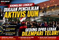 Puluhan massa menggelar aksi unjuk rasa di depan Gedung DPRD Lebak dengan melempari gedung menggunakan telur dan membakar ban bekas sebagai bentuk protes atas dugaan penculikan dan penganiayaan aktivis Fam Fuk Tjhong alias Uun. Foto: Istimewa.