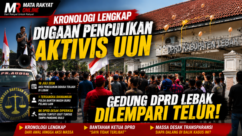 Puluhan massa menggelar aksi unjuk rasa di depan Gedung DPRD Lebak dengan melempari gedung menggunakan telur dan membakar ban bekas sebagai bentuk protes atas dugaan penculikan dan penganiayaan aktivis Fam Fuk Tjhong alias Uun. Foto: Istimewa.