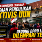 Puluhan massa menggelar aksi unjuk rasa di depan Gedung DPRD Lebak dengan melempari gedung menggunakan telur dan membakar ban bekas sebagai bentuk protes atas dugaan penculikan dan penganiayaan aktivis Fam Fuk Tjhong alias Uun. Foto: Istimewa.