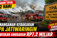 Petugas gabungan melakukan penanganan kebakaran di TPA Jatiwaringin, Kecamatan Mauk, Kabupaten Tangerang. Pemerintah Kabupaten Tangerang mengalokasikan dana BTT sebesar Rp7,2 miliar untuk mendukung proses pemadaman selama 12 hari hingga api padam total.
