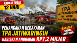 Petugas gabungan melakukan penanganan kebakaran di TPA Jatiwaringin, Kecamatan Mauk, Kabupaten Tangerang. Pemerintah Kabupaten Tangerang mengalokasikan dana BTT sebesar Rp7,2 miliar untuk mendukung proses pemadaman selama 12 hari hingga api padam total.