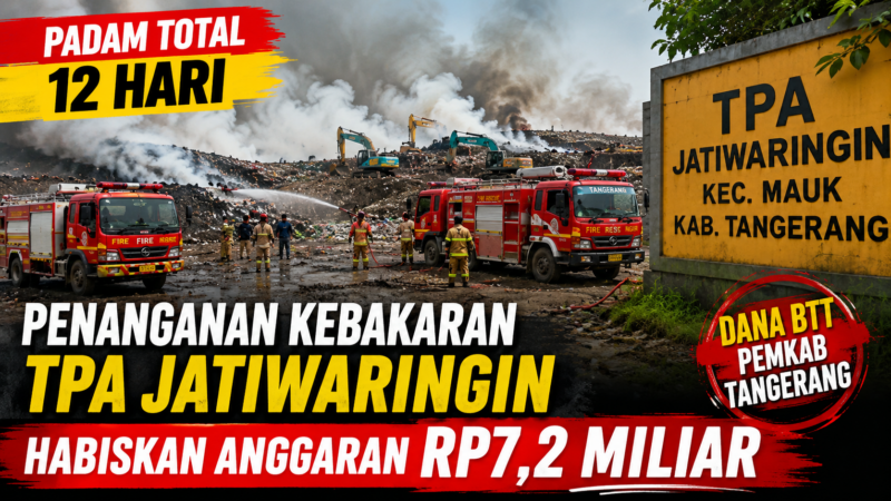 Petugas gabungan melakukan penanganan kebakaran di TPA Jatiwaringin, Kecamatan Mauk, Kabupaten Tangerang. Pemerintah Kabupaten Tangerang mengalokasikan dana BTT sebesar Rp7,2 miliar untuk mendukung proses pemadaman selama 12 hari hingga api padam total.