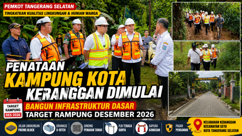 Wakil Wali Kota Tangerang Selatan Pilar Saga Ichsan meninjau lokasi penataan Kampung Kota Keranggan yang menjadi proyek peningkatan kualitas infrastruktur permukiman dengan target selesai Desember 2026.