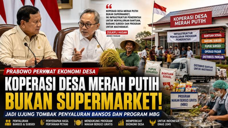 Ilustrasi Koperasi Desa Merah Putih sebagai pusat distribusi bantuan sosial, barang subsidi, hasil pertanian, dan Program Makan Bergizi Gratis (MBG) sesuai arahan Presiden Prabowo Subianto.