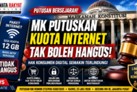 Ilustrasi Mahkamah Konstitusi Republik Indonesia, smartphone dengan sisa kuota internet, dan palu hakim sebagai simbol putusan MK Nomor 273/PUU-XXIII/2025 yang memperkuat perlindungan hak konsumen digital. (Ilustrasi: Mata Rakyat Online/AI).