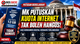 Ilustrasi Mahkamah Konstitusi Republik Indonesia, smartphone dengan sisa kuota internet, dan palu hakim sebagai simbol putusan MK Nomor 273/PUU-XXIII/2025 yang memperkuat perlindungan hak konsumen digital. (Ilustrasi: Mata Rakyat Online/AI).