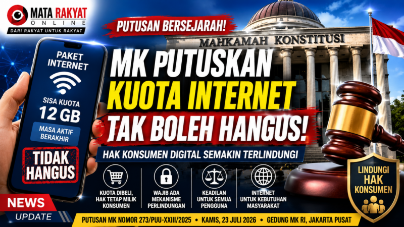 Ilustrasi Mahkamah Konstitusi Republik Indonesia, smartphone dengan sisa kuota internet, dan palu hakim sebagai simbol putusan MK Nomor 273/PUU-XXIII/2025 yang memperkuat perlindungan hak konsumen digital. (Ilustrasi: Mata Rakyat Online/AI).