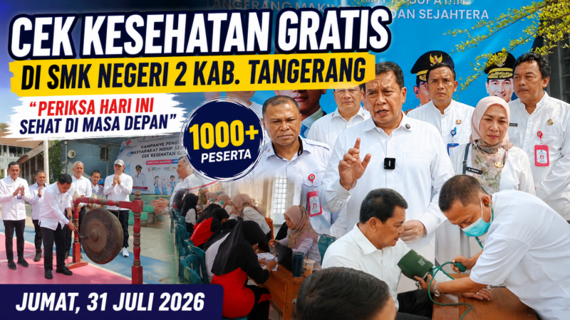 Bupati Tangerang Moch. Maesyal Rasyid secara resmi membuka Program Cek Kesehatan Gratis (CKG) di SMKN 2 Kabupaten Tangerang. Sebanyak 1.500 pelajar mengikuti pemeriksaan kesehatan sebagai bagian dari program nasional deteksi dini penyakit.