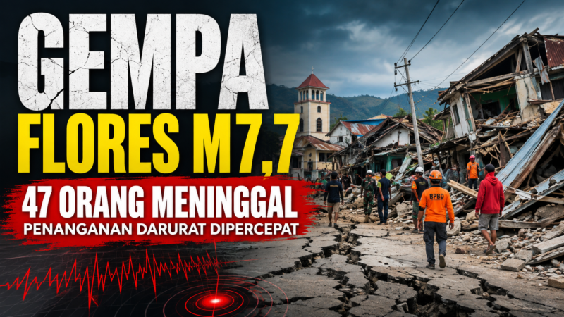 Dampak gempa bumi Magnitudo 7,7 yang mengguncang wilayah Flores, Nusa Tenggara Timur, Sabtu, 15 Agustus 2026. BNPB mencatat 47 orang meninggal dunia berdasarkan data sementara.